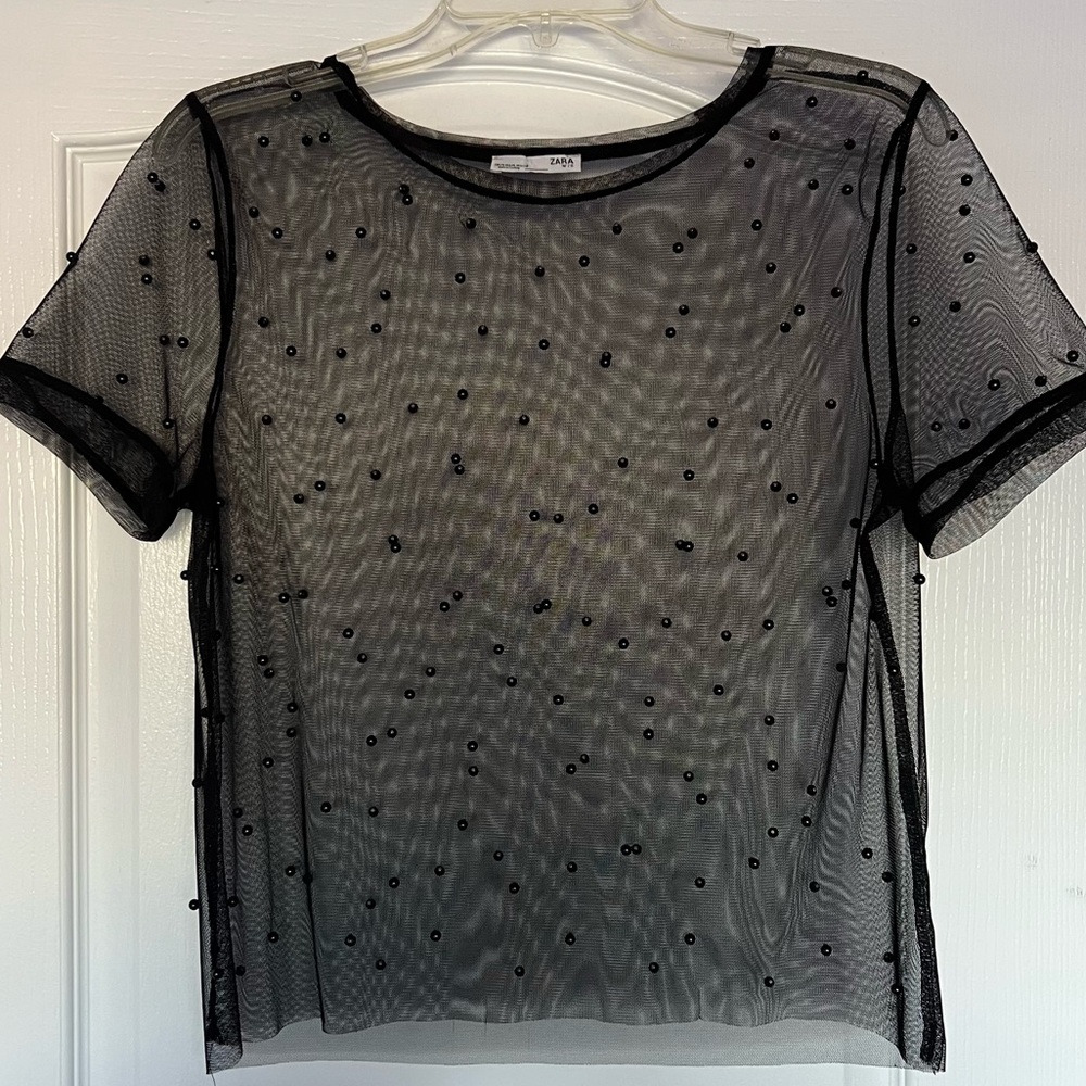 Zara Sheer Mesh Top with Pearl Rhinestones- Black